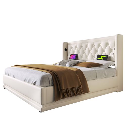 Lit180x200cm,lit Coffre,cadre De Lit,lit Double,lit Avec Rangement,led,usb,pu,blanc