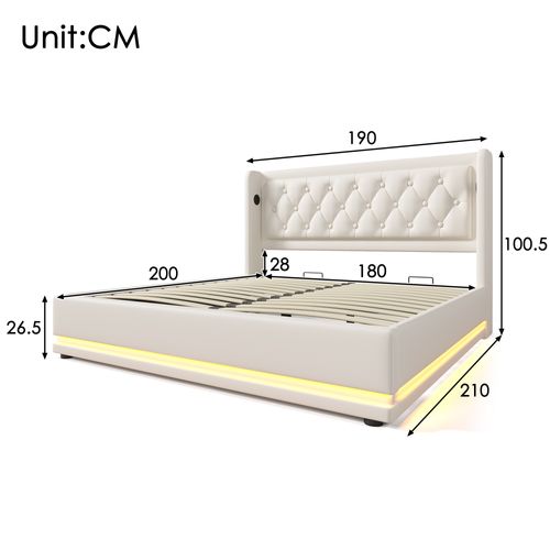 Lit180x200cm,lit Coffre,cadre De Lit,lit Double,lit Avec Rangement,led,usb,pu,blanc