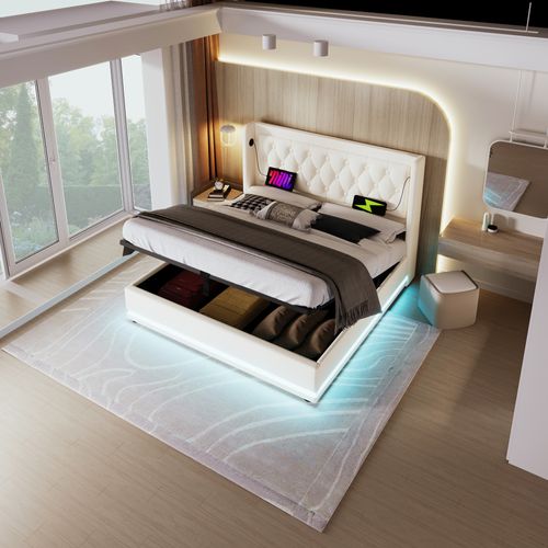 Lit180x200cm,lit Coffre,cadre De Lit,lit Double,lit Avec Rangement,led,usb,pu,blanc