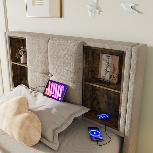 Lit90x200,lit Coffre,1 Place,lit Avec Rangement,usb,tête De Lit,lin,beige