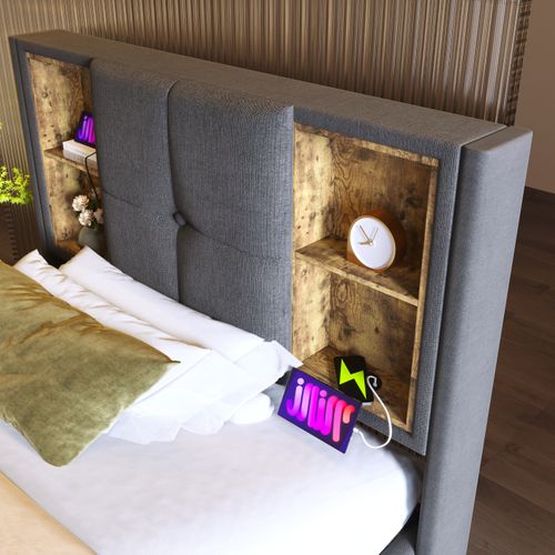 Lit90x200,lit Coffre,lit 1 Place,cadre De Lit,lit Avec Rangement,usb,coton,gris