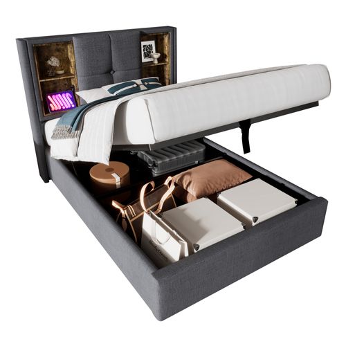 Lit90x200,lit Coffre,lit 1 Place,cadre De Lit,lit Avec Rangement,usb,coton,gris