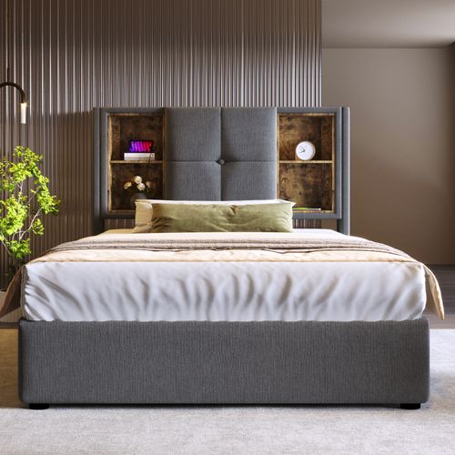 Lit90x200,lit Coffre,lit 1 Place,cadre De Lit,lit Avec Rangement,usb,coton,gris