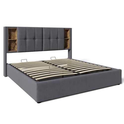 Lit140x200,lit Coffre,lit Avec Rangement,usb,tête De Lit,coton,gris