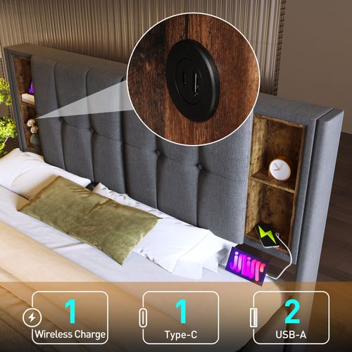 Lit 160x200,lit Coffre,lit Double,lit Avec Rangement,usb,tête De Lit,coton,gris