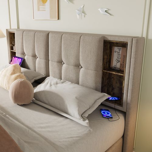 Lit 180x200,lit Coffre,2 Places,lit Avec Rangement,usb,tête De Lit,lin,beige