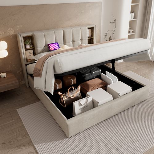 Lit 180x200,lit Coffre,2 Places,lit Avec Rangement,usb,tête De Lit,lin,beige