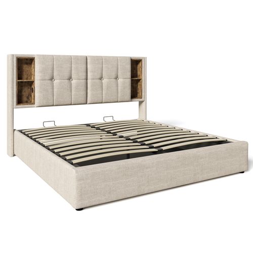 Lit 180x200,lit Coffre,2 Places,lit Avec Rangement,usb,tête De Lit,lin,beige