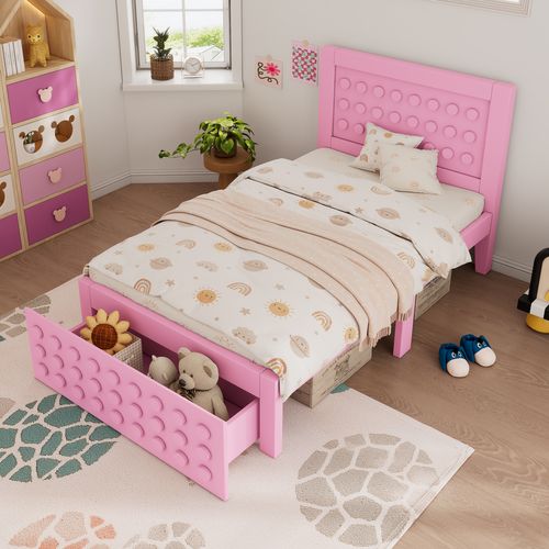 Lit Enfant 90x190cm Rose Avec Tiroir, Cadre En Bois