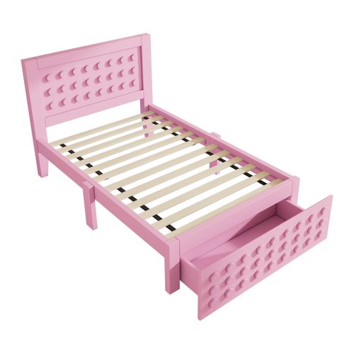 Lit Enfant 90x200cm Rose Avec Rangement Blocs De Construction En Bois