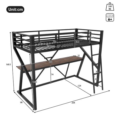 Lit Mezzanine Simple 90x200cm Bandes LED, Bureau Et Échelle, Métal Noir