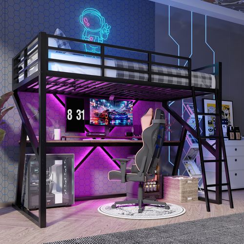 Lit Mezzanine Simple 90x200cm Bandes LED, Bureau Et Échelle, Métal Noir