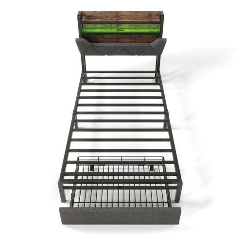 Lit 90x200,tête De Lit De Rangement,lit 1 Place,cadre De Lit Métallique,usb,led,lin,gris