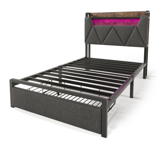 Lit 90x200,tête De Lit De Rangement,lit 1 Place,cadre De Lit Métallique,usb,led,lin,gris