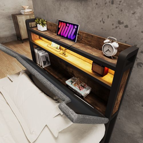 Lit 90x200,tête De Lit De Rangement,lit 1 Place,cadre De Lit Métallique,usb,led,lin,gris