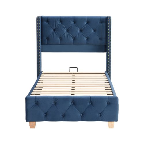 Lit90x200cm,lit 1 Place,lit Adulte,pied De Bois,sommier,agréable,tête De Lit,velours,bleu