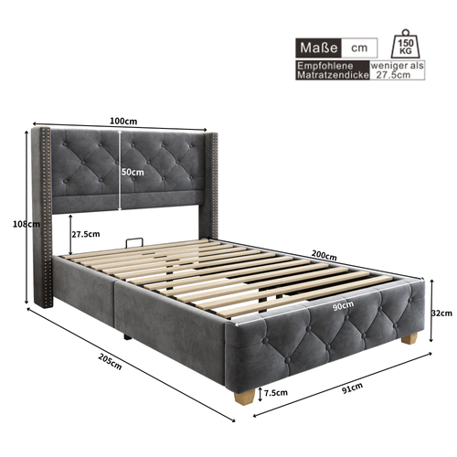 Lit90x200cm,lit 1 Place,lit Adulte,pied De Bois,sommier,agréable,velours,gris