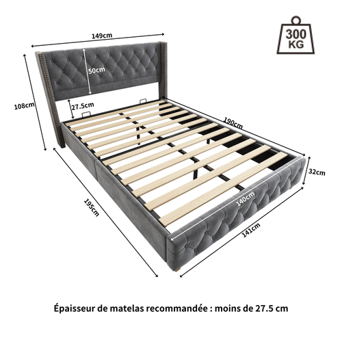 Lit140x190cm,lit Double,cadre De Lit,pied De Bois,sommier,agréable,velours,gris