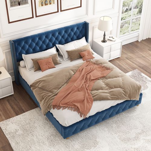 Lit160x200cm,lit Double,pied De Bois,sommier,agréable,tête De Lit,velours,bleu