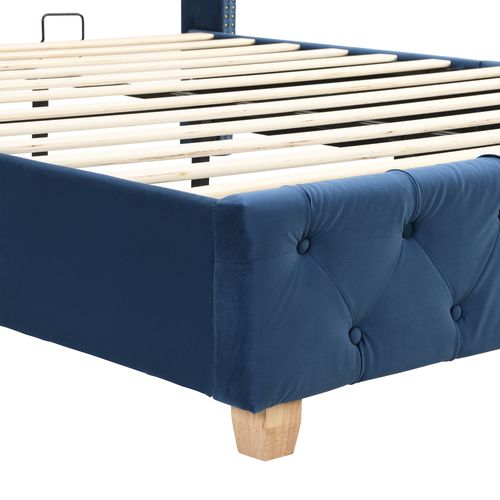 Lit160x200cm,lit Double,pied De Bois,sommier,agréable,tête De Lit,velours,bleu