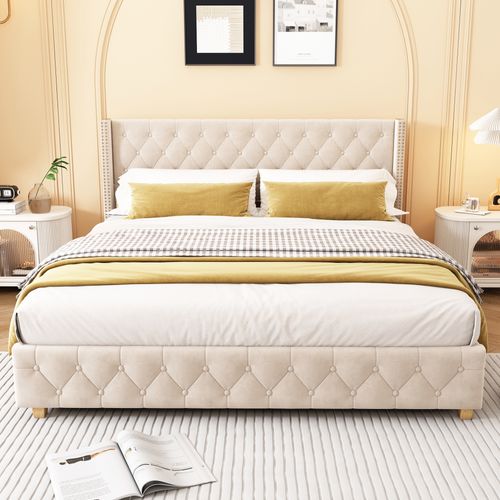 Lit160x200cm,lit Double,pied De Bois,sommier,agréable,tête De Lit,velours,beige