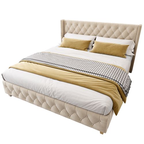 Lit160x200cm,lit Double,pied De Bois,sommier,agréable,tête De Lit,velours,beige