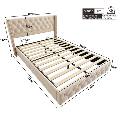 Lit160x200cm,lit Double,pied De Bois,sommier,agréable,tête De Lit,velours,beige