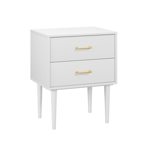 Table De Chevet Blanche Avec 2 Tiroirs, Poignée En Métal, Pieds En Bois
