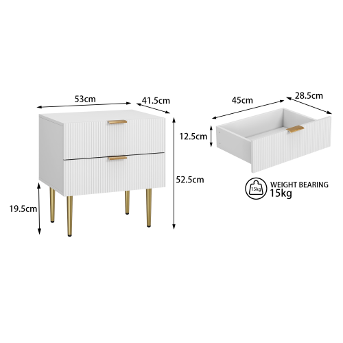 Table De Chevet Blanche Avec 2 Tiroirs à Motif Ondulé, Pieds Et Poignées En Métal