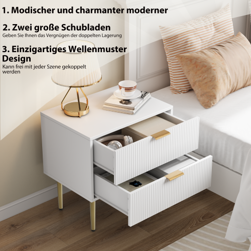 Table De Chevet Blanche Avec 2 Tiroirs à Motif Ondulé, Pieds Et Poignées En Métal