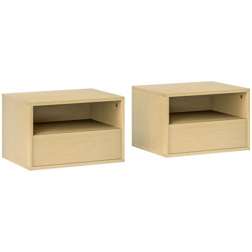 Lot De 2 Tables De Chevet Suspendues Avec Tiroir, Étagère Ouverte, Bois