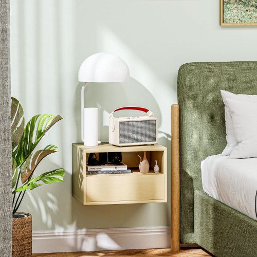 Lot De 2 Tables De Chevet Suspendues Avec Tiroir, Étagère Ouverte, Bois