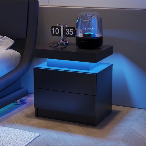 Table De Chevet Noire Avec Éclairage LED Et 2 Tiroirs, Rangement Ouvert