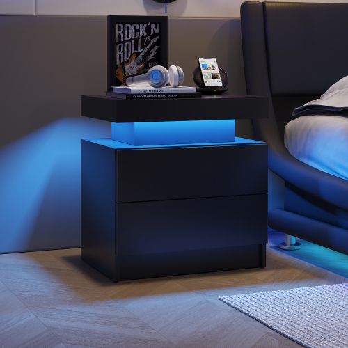 Table De Chevet Noire Avec Éclairage LED Et 2 Tiroirs, Rangement Ouvert