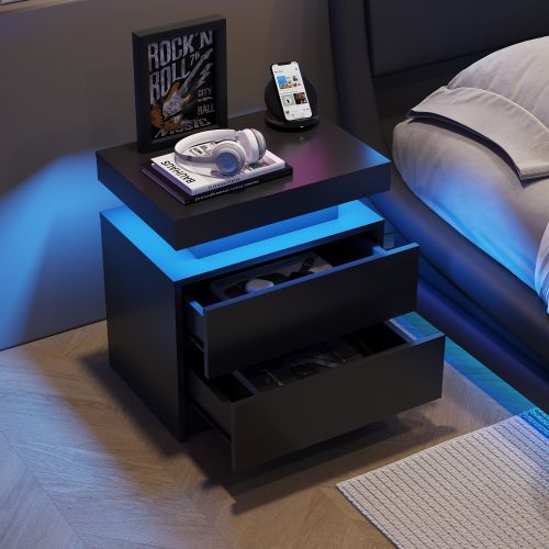 Table De Chevet Noire Avec Éclairage LED Et 2 Tiroirs, Rangement Ouvert