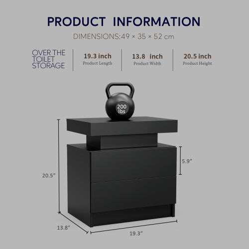 Table De Chevet Noire Avec Éclairage LED Et 2 Tiroirs, Rangement Ouvert