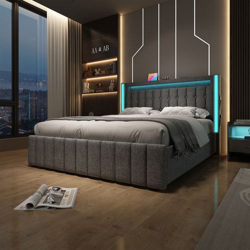 Lit140x200cm,lit Double,lit Avec Rangement,led,usb,tête De Lit,lin,gris