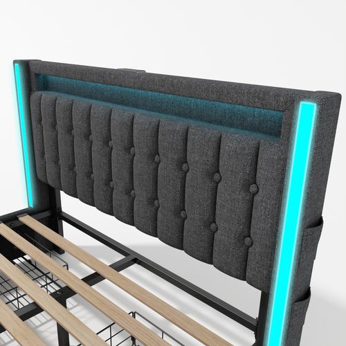 Lit140x200cm,lit Double,lit Avec Rangement,led,usb,tête De Lit,lin,gris