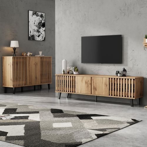 Lot De 2 Ensemble Meuble TV 180cm Et Buffet Imitation Bois Avec Rangement