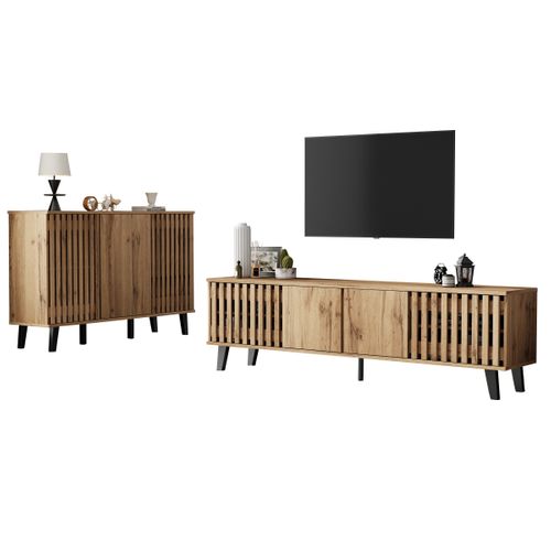 Lot De 2 Ensemble Meuble TV 180cm Et Buffet Imitation Bois Avec Rangement
