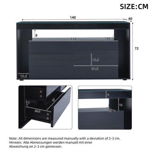 Buffet Noir Avec Éclairage LED 6 Tiroirs, Plateau En Verre Trempé, 140x40x72 Cm