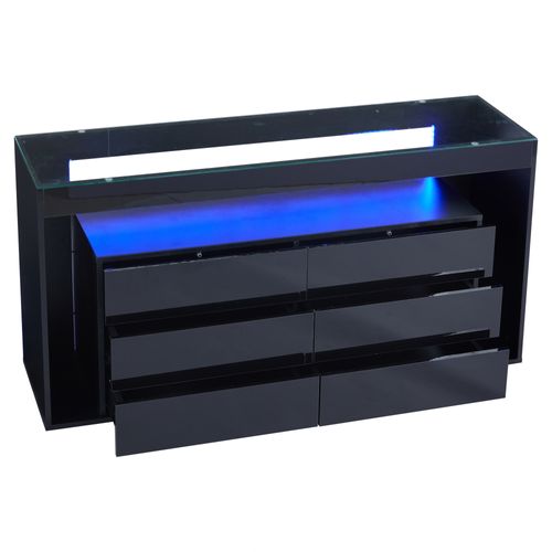 Buffet Noir Avec Éclairage LED 6 Tiroirs, Plateau En Verre Trempé, 140x40x72 Cm