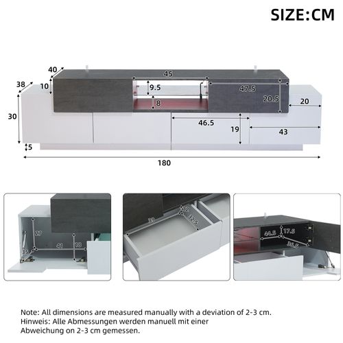 Meuble TV Gris Et Blanc LED 180cm, 2 Tiroirs, 4 Portes Et Rangement
