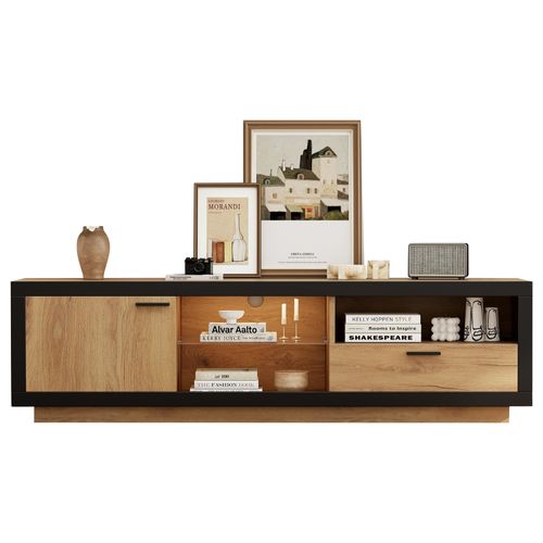 Meuble TV Noir Et Chêne Avec Éclairage LED Et Rangement, 160x40x50 Cm