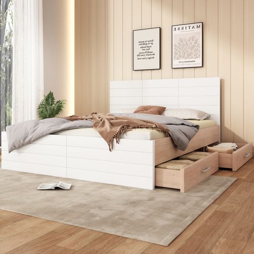 Lit Adulte Double 180x200 Cm Avec 2 Tiroirs, Rangement Et Sommier, Bois Chêne Et Blanc