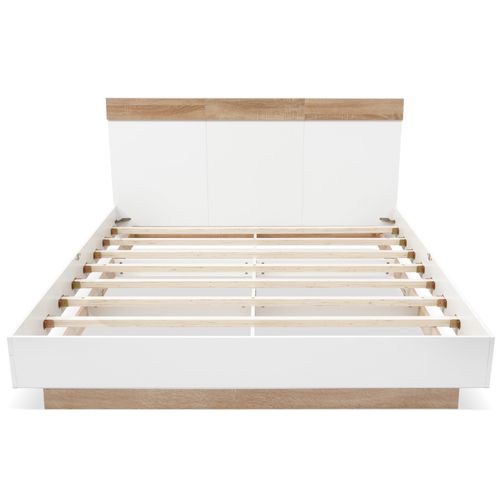 Lit Adulte 180x200 Cm Avec Sommier Et Tête De Lit, Bois Chêne Et Blanc