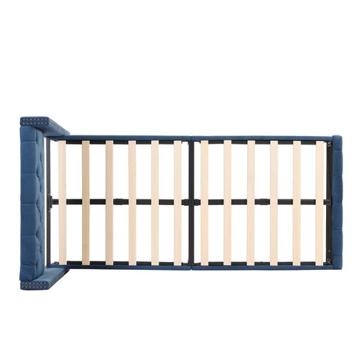 Lit Enfant Simple 90x200 Cm En Velours Bleu Avec Tête De Lit Et Sommier à Latte