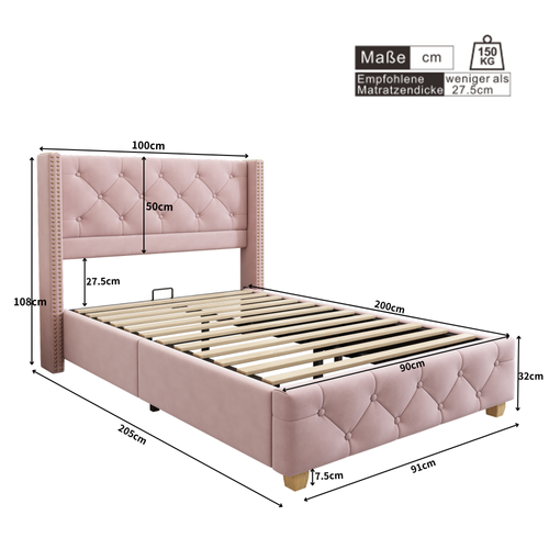 Lit Enfant Simple 90x200cm En Velours Rose Avec Sommier à Latte En Bois