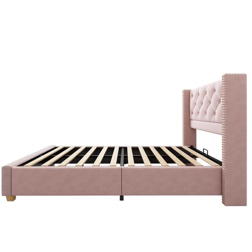 Lit Enfant Simple 90x200cm En Velours Rose Avec Sommier à Latte En Bois
