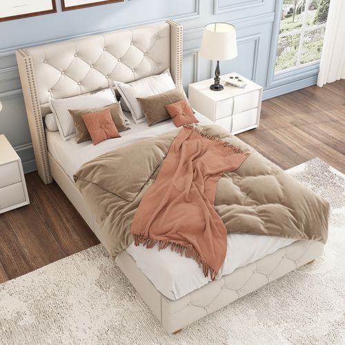 Lit Enfant 90x200cm En Lin Beige Avec Sommier à Latte En Bois Et Tête De Lit